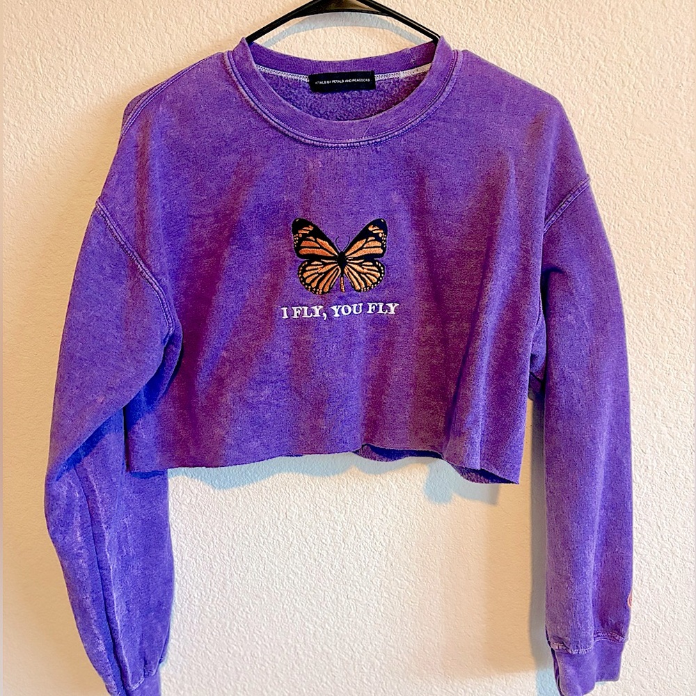 Women’s Small Purple Petals by Petals and Peacocks Cropped Sweater